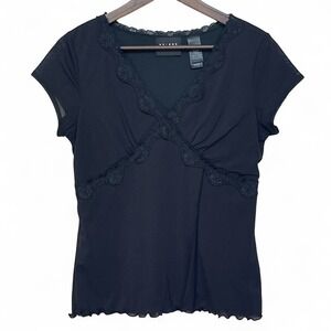 Axcess Liz Claiborne Black Lace Trim Mesh V-Neck Top Lettuce Hem Medium